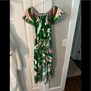 Tropical high low off the shoulder dress